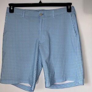 Pro Tour‎ Golf Performance Shorts Men 34 Blue Teal Plaid Gingham Check 9" Inseam